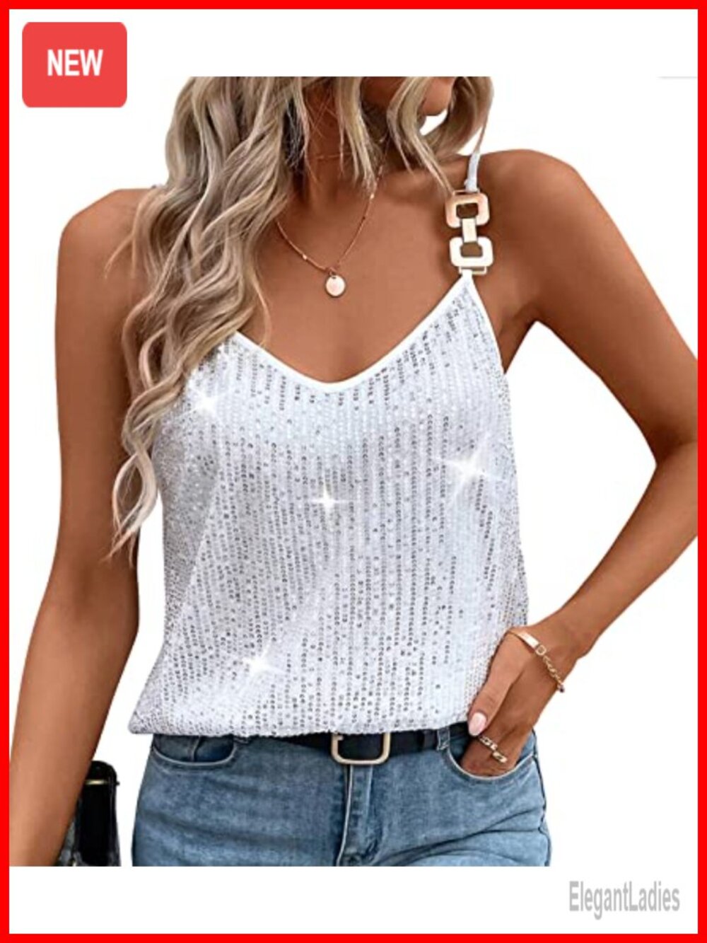 Sequin V-Neck Strappy Sparkle Camisole Glitter Sleeveless Tank Top
